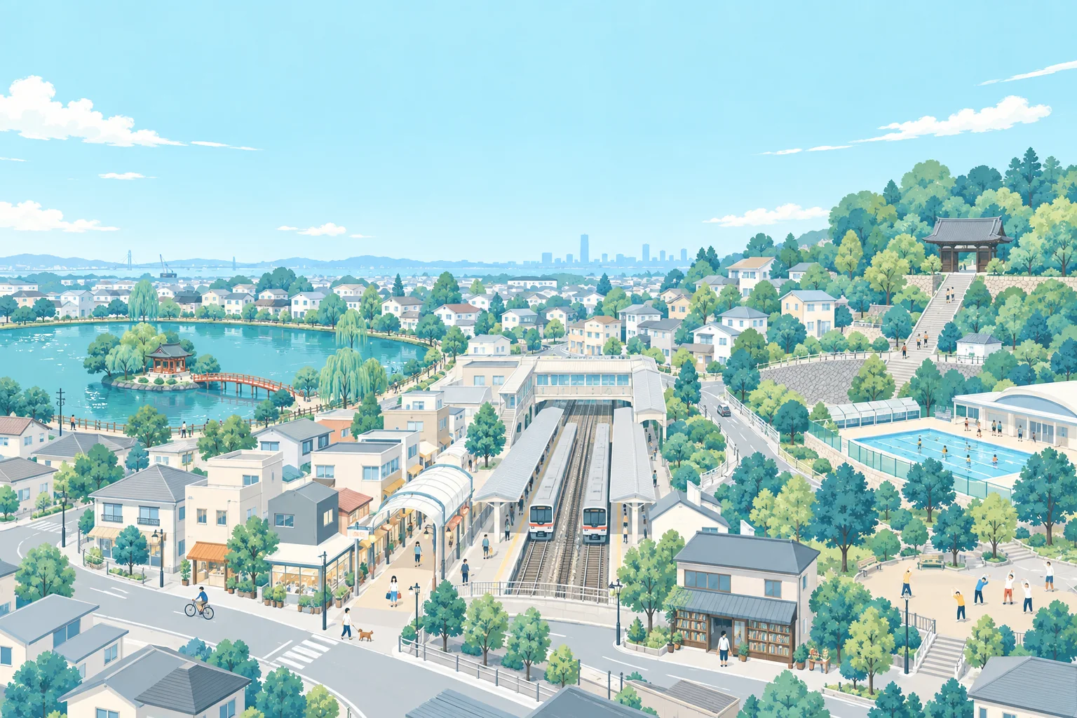 東横線の駅、商店街、菊名池、寺、坂道に人々が行き交う妙蓮寺の俯瞰イラスト